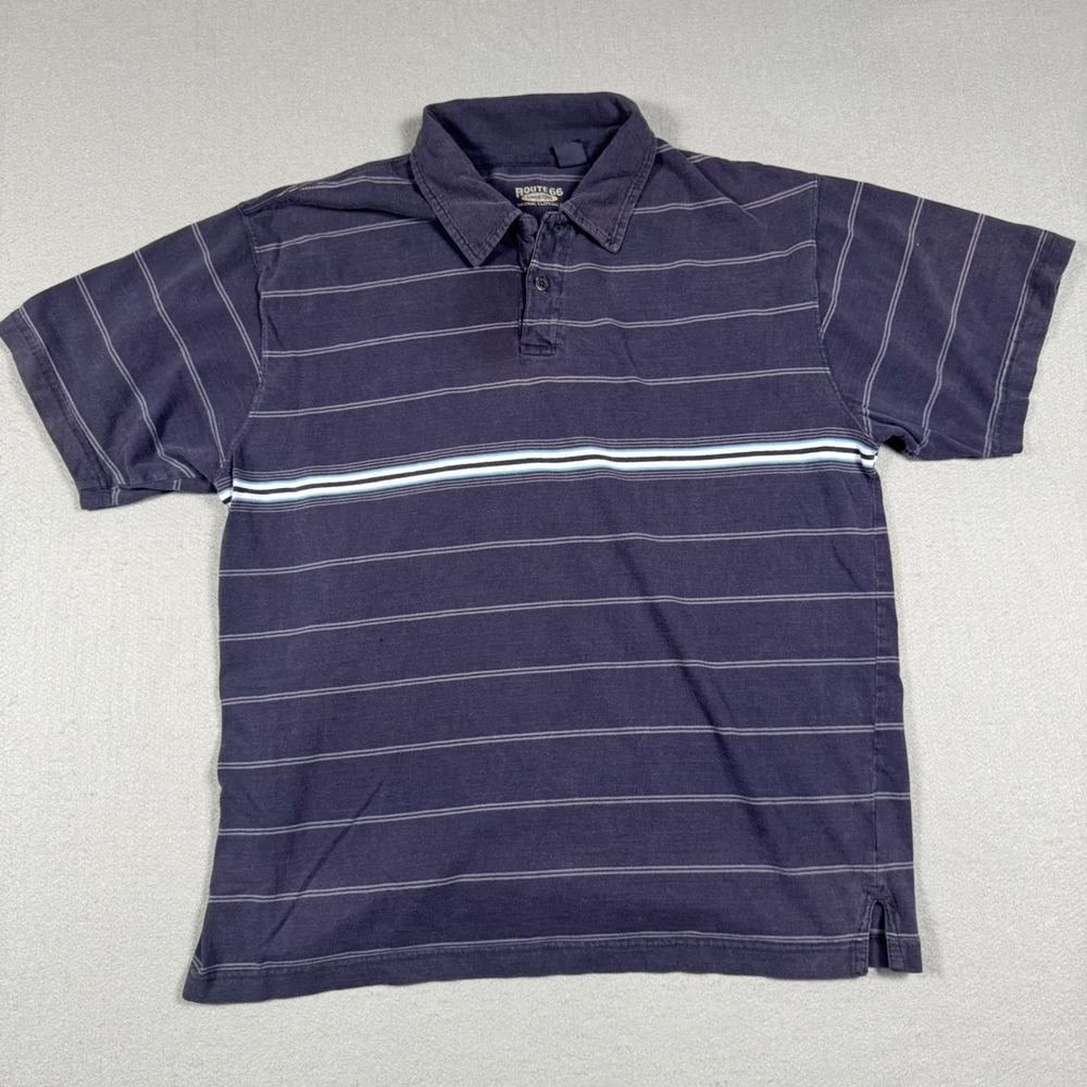 Route 66 Polo Shirt Mens Large Navy Blue Cotton Striped Short Sleeve Classic